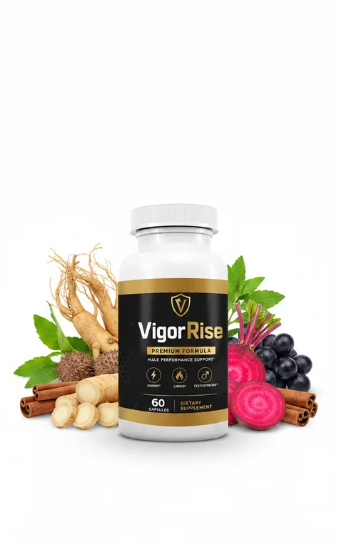 VigorRise male vitality capsule bottle beside tongkat ali root, nettle leaf and saw palmetto berries