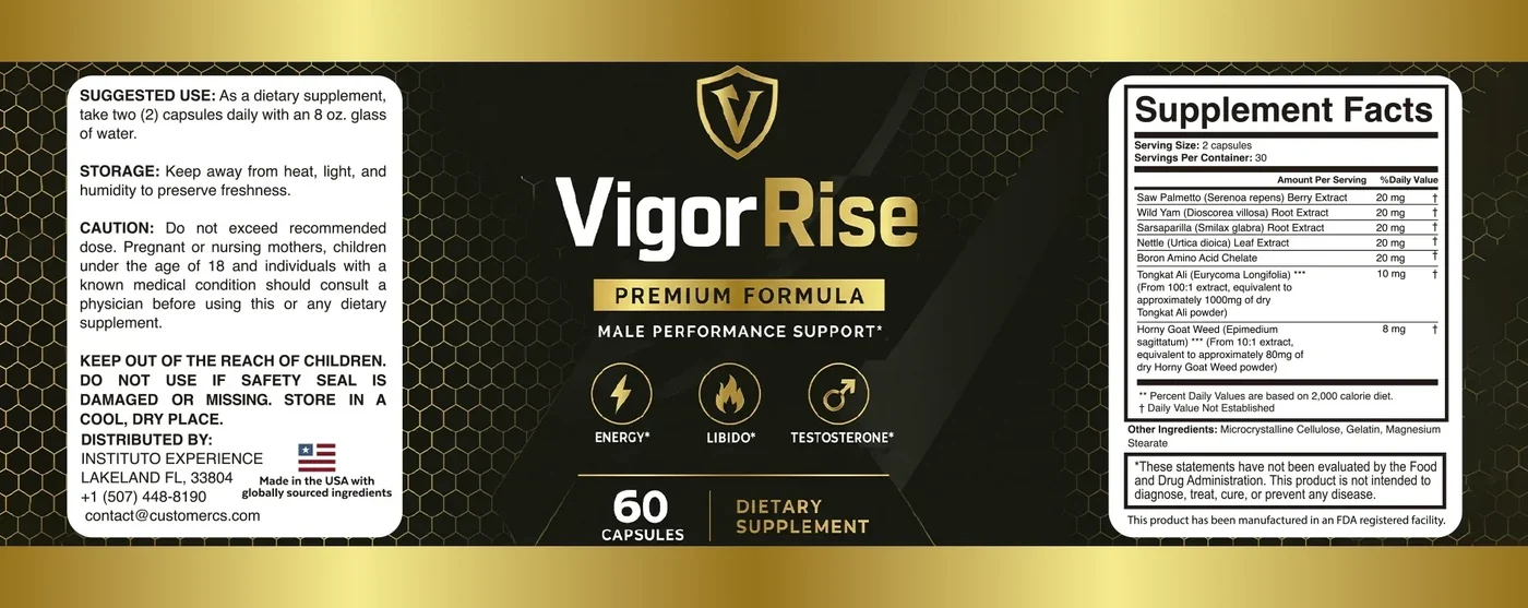 VigorRise supplement facts panel listing saw palmetto, wild yam, sarsaparilla, nettle, boron, tongkat ali and horny goat weed